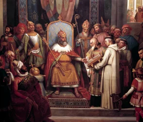 Karel Veliký obklopen svými hlavními důstojníky přijal Alcuina, který představil rukopisy, dílo svých mnichů v roce 781. Detail obrazu od Julese Laurea (1806-1861). 1837. Ne 0,67x1,07m Versailles, zámky Versailles et de Trianon - Charlemagne su