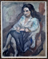 Portrét Andree. Portrét sedící ženy. Malba Julese Pascina (1885-1930)