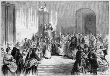 Impress Eugenie de Montijo (1826-1920), manželka Napoleona III, navštěvující dětskou večeři v refektáři nemocničního domu Eugene Napoleon (Eugene-Napoleon) poblíž Barriere du Trone v Paříži. Z kresby Julese Pelcoqa. Gravírování v „“ The