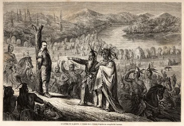 Válečný kůl, baron z Woganu zajatý indiány z kmene Timpabaches, se nachází na břehu San Juan, říčního ramene Rio Grande, kresba Julese Pelcoqa, aby ilustrovala příběh o cestě barona de Wogana do Kalifornie v letech 1850-185