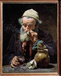 Pijan. Starý muž kouří dýmku a pije sklenku vína. Obraz Julese Rousseta (1840-?), 19. století, Orléans, Muzeum výtvarných umění