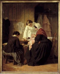 Tři ženy šití. Obraz Julese Trayera (1824 - 1909)