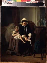 Ranní toaleta (Ranní toaleta). Matka (nebo sluha?) pomáhá dítěti oblékat. Obraz Julese Treyera (1824-1908). Olej na plátně, 47 x 39 cm