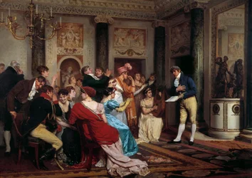 Romantika je v módě Čtení divadla v pařížském salonu. (Salon Litteraire) Obraz Julese Wormse (1832-1914) Paříž 19. století, Palais du Luxembourg