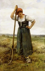 Venkovanka opírající se o vidle