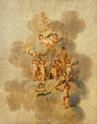 Okřídlení cherubové s hudebními nástroji, část dekorativního okraje Music Room, Kenwood House, Londýn (tapeta)