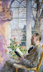 "Na verandě" Muž si čte knihu, visí na ní klec s ptákem. Obraz Julia Gariho Melcherse (1860-1932)