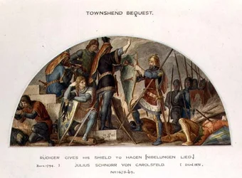 Rudiger dává svůj štít Hagenovi, ilustrace k „The Niebelungen“ od Richarda Wagnera (1813-83)