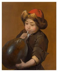 Chlapec vyfukuje močový měchýř, asi 1645-85 (olej na plátně)