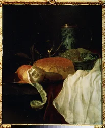 Ovoce, chléb a víno (Ovoce, chléb a víno). Obraz Jurlaena van Streecka (1632-1687). Olej na dřevě, 53 x 45 cm