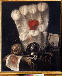 Marnost s lebkou obklopenou uchem pšenice, helmou, dýkou (nebo mečem), rohem, peřím a kopií "Electry" od Sofokla. Obraz Jurlaena van Streecka (1632-1687). Olej na plátně, 98 x 84 cm