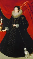Eleonore de Gonzague (ou de Mantoue) - Portrét Eleonory Gonzaga (1598-1655), v černých šatech, od Sustermans, Justus (Giusto) (1597-1681). Olej na plátně, cca 1624. Rozměr : 207x108 cm. Uměleckohistorické muzeum, Vienne