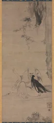 Mnich opravuje oblečení v ranním slunci Choyo Hotetsu, c. 1350 nebo dříve.