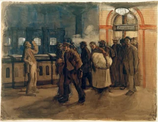 K. Kollwitz, vracející se dělníci na nádraží Lehrter