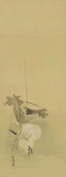 Volavka a lotos, období Edo, polovina 17.-začátek 18. století (inkoust a barva na hedvábí)