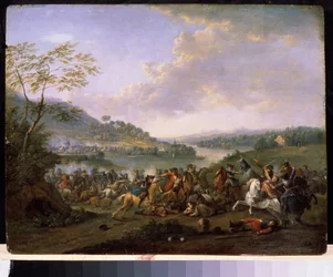 ""Vojenská potyčka"" (Kavalérie Skirmish) Jízda bojující během bitvy. Obraz Karla Breydela (1678-1733) Státní muzeum Arkhangelskoye Estate, Moskva