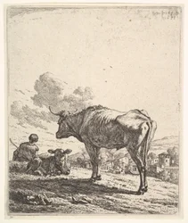 Pastevec krav s krávou a teletem na svahu, pasáček při pohledu zezadu a sedící v ..., 1658.