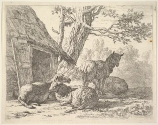 Čtyři ovce, jedna ovce stojí mezi třemi dalšími ležícími na zemi vedle kůlny s t..., 1658.
