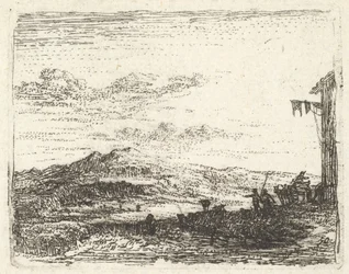 Krajina s rohem budovy a markýzou zcela vpravo, dvě postavy a kůň-..., ca. 1641-78.
