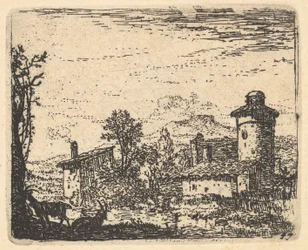 Krajina se dvěma rohatými kozami ve stínu v levém popředí, za nimi vesnické budovy, kolem roku 1641-78.