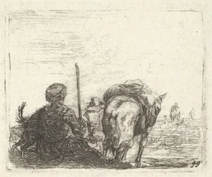 Tažný kůň, sedící muž s hůlkou v pravé ruce a pes, vše při pohledu zezadu..., ca. 1641-78.