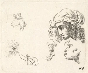 Studie hlav v pohledu z profilu, žena s pokrývkou hlavy a vousatý muž, jehož hlavy ..., ca. 1641-78.