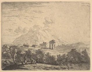 Pohled na svah s ruinami akvaduktu a horského útesu za ním, v popředí m..., 1658.