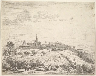 Opevněná vesnice na kopci s kostelem vlevo a budovami postavenými na svahu..., 1658.