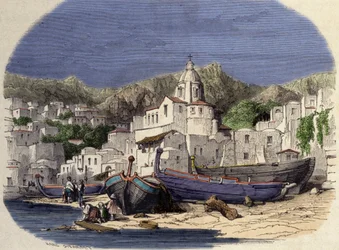 Pohled na Positano v Itálii na konci 19. století po Girardetovi.