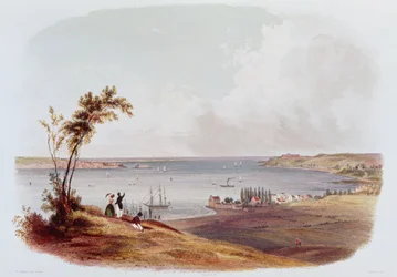 Vstup do zálivu New York, Staten Island, vyryto Salathe (barva litho)