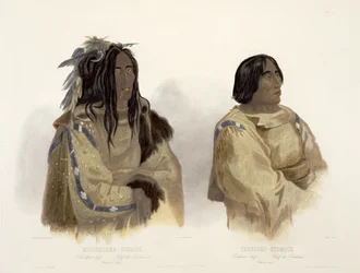 Mehkskeme-Sukahs, Blackfoot Chief a Tatsicki-Stomick, Piekann Chief, deska 45 ze svazku 2 „Cesty ve vnitrozemí Severní Ameriky“, vyryto Allaisem, 1844 (akvatinta)