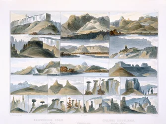 Pozoruhodné kopce na Upper Missouri, deska 35 ze svazku 2 „Cesty ve vnitrozemí Severní Ameriky“, vyryl Friedrich Salathe (1793-1858) 1844 (akvatinta)