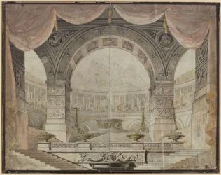 Armida. Opera Christopha Willibalda Glucka. Návrh pro 7. dekoraci. Slavnostní sál v paláci Armidy