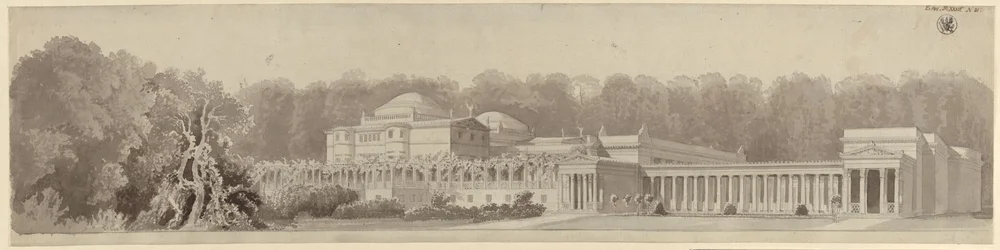 Potsdam-Sanssouci. Antický venkovský dům u zámku Charlottenhof. Perspektivní pohled od severovýchodu