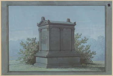 Sarkofág ve tvaru chrámu - Belchau (Białochowo), dříve okres Graudenz (Powiat Grudziądzki), správní obvod Marienwerder (Województwo Kujawsko-Pomorskie). Návrh náhrobku Klinggräf v podobě malého chrámu s korintskými pilastry