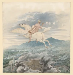Ženská postava (foukačka mýdlových bublin) jako alegorie Christiana Petera Wilhelma Beutha, jedoucí na Pegasovi nad průmyslovým městem