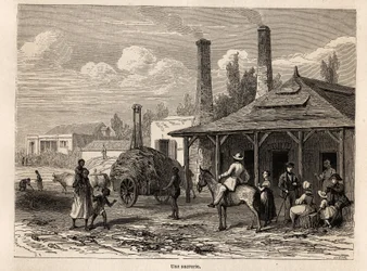 Cukrovar z Riviere du Rempart na Mauriciu, kresba Karla Girardeta (1813-1871), pro ilustraci pobytu Alfreda Verneyho na Mauriciu v roce 1861. Rytina v „“Le tour du monde“, editoval Edouard Charton