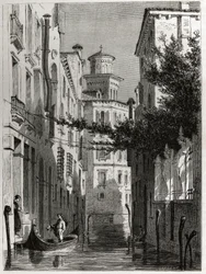 Palác Bianca Cappello ve Venezia, Benátky. kresba Karla Girardeta (1813-1871), k ilustraci cesty Adalberta de Beaumonta do Benátek kolem roku 1850. Rytina „“Le tour du monde“, editoval Edouard Charton