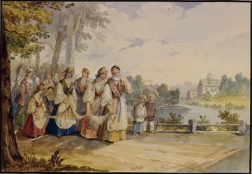 Ruské rolnické dívky s festivalovými šaty, 1845