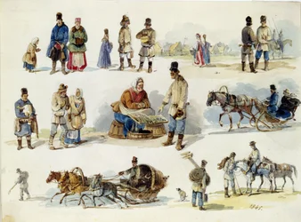 Ruské lidové typy. (Lidové typy Ruska). Dílo Karla Ivanoviče Kolmanna (1786-1846), akvarel na kartonu