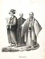 Japonský oiran a samuraj. Japonská kurtizána v kimonu s vějířem a ozdobami do vlasů a dva japonští samurajové v účesu chonmage nosí montsuki přes hakamu se dvěma meči (katana) v opasku. (Nazván Číňan omylem.) Litografie Karla Josepha