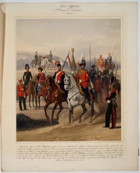Garde imperiale: 1ere division de cavalerie - Vojáci 1. gardové jízdní divize Ruské císařské gardy - Piratsky, Karl Karlovich (1813-1889) - 1867 - Barevná litografie - 56x45 - Soukromá sbírka
