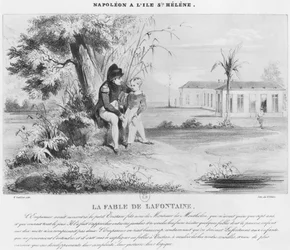 Napoleon I. (1769-1821) na ostrově Svatá Helena, vysvětlující Tristanovi de Montholonovi bajky Jeana de La Fontaina, vyryté Villainem