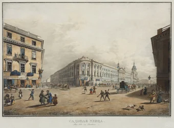 Pohled na Sadovaya Street v Petrohradě - Karl Petrovich Beggrov (1799-1875). Litografie, akvarel