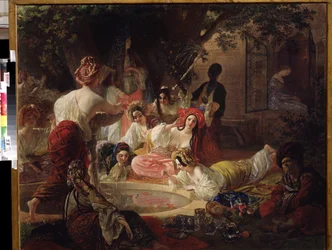 Fontána Bahcesaray (Turecko) (fontána Bahcesaray). Ženy v harému hrající si s vodou z fontány v jezírku se zlatými rybkami Obraz Karla Pavloviče Briullova (Briullov) (1799-1852). Olej na plátně