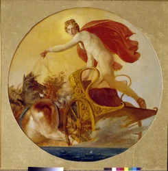 Phoebus řídí chariot of the Sun (Phoebus Driving the Horses Of The Sun). Obraz Karla Pavloviče Briullova (Bryullov) (1499-1852), olej na plátně. Ruské umění 19. století, romantismus. Státní ruské muzeum, Petrohrad.