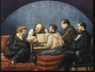 Skladatel Michail I Glinka a jeho přátelé (Skupinový portrét K Briullov, M Glinka, Y Yanenko, N Kukolnik)
