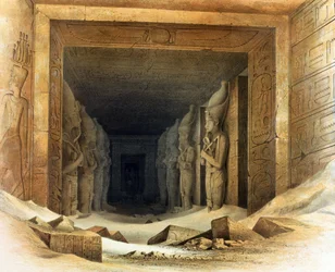 Obří vápencové sochy Ramsese II (Ramesse - 1304-1237 př. n. l.). Litografie podle Karla Richarda Lepsiuse (1810-1884), pruského egyptologa. Každý z nich drží v ruce hák a mávátko, symboly královské moci.