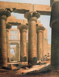 Pohled do interiéru síně v Karnaku". Litografie podle Karla Richarda Lepsiuse (1810-1884), pruského egyptologa. Síň Hippostyl v chrámovém komplexu Karnak v Thébách (Luxor).