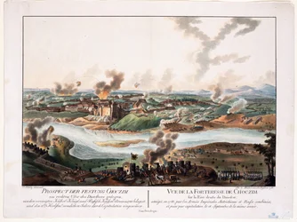 Obléhání Chotyně (Chocim, Chotyn, Hotin, Choczim ou Khotine, Ukrajina) v roce 1788 - Schuetz, Carl (1745-1800) - 1788 - Mědirytina, akvarel - 36,6x48,3 - Soukromá sbírka